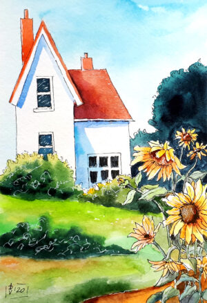 Texas Painting Sunflowers Original Art Watercolor Landscape Cottage Artwork