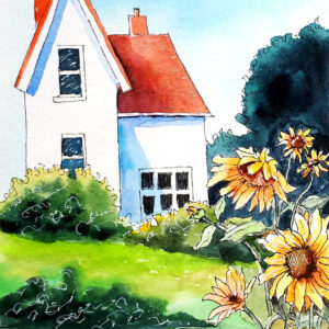 Texas Painting Sunflowers Original Art Watercolor Landscape Cottage Artwork