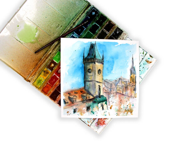 Prague Painting Cityscape Original Art Watercolor Czech Artwork Old Square Art