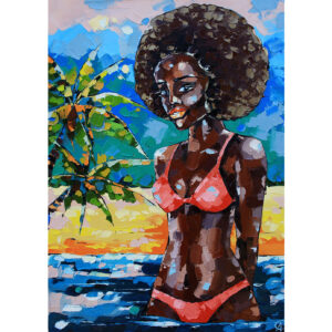Black Female Painting African Woman Original Art Palm Tree Artwork Beach Wall Art Oil Canvas 28 by 20 inch ARTbyAnnaSt
