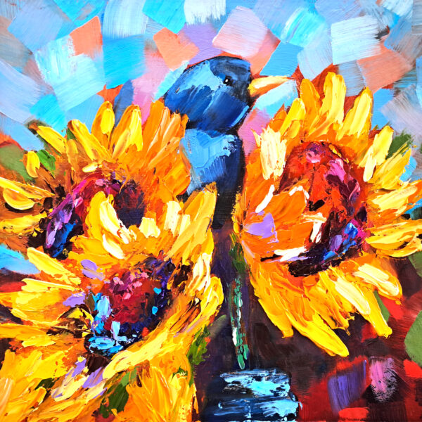 Sunflowers Painting Bird Original Art Flowers Oil Painting Floral Small Artwork