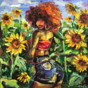 African American Painting Woman Original Art Sunflowers Painting Impasto Wall Art Black Girl Artwork by SviksArtShop