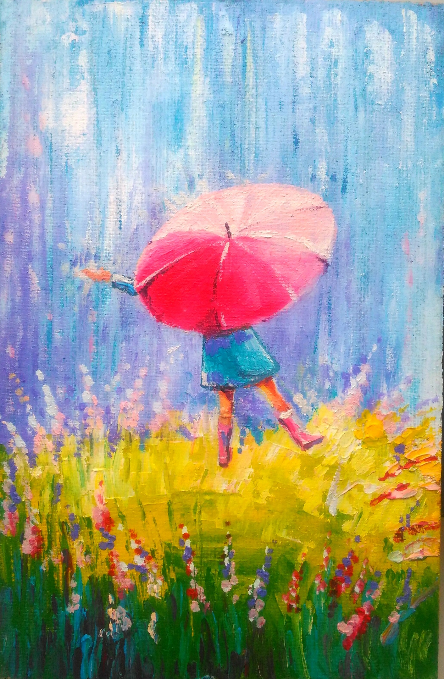 Girl With Umbrella in Rain Painting