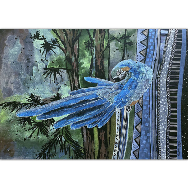 Blue Macaw painting Original watercolor Black paper art Horizontal wall art by Rubinova