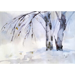 Birch Tree Painting Aspen Original Art Watercolor Snow Trees Landscape Small Art