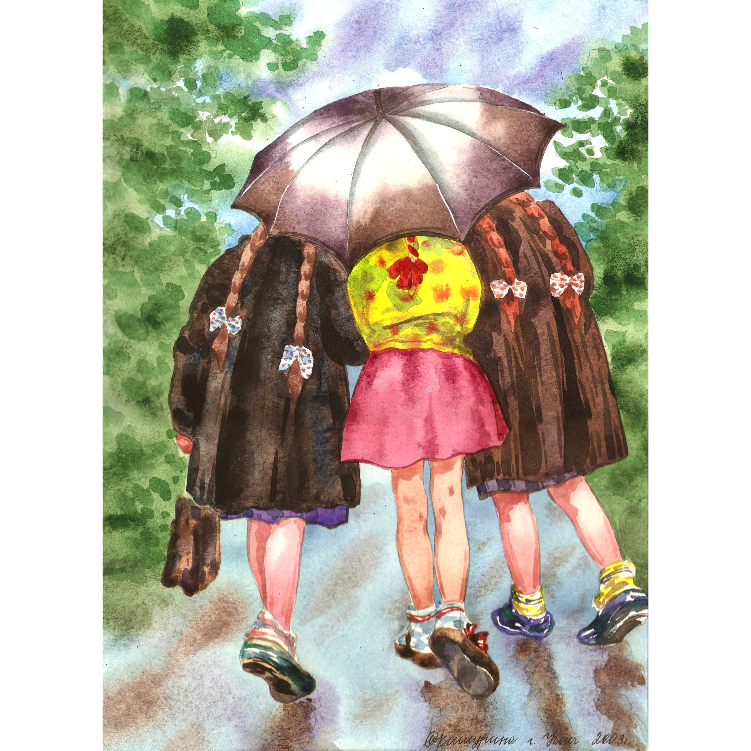 Girl With Umbrella in Rain Painting