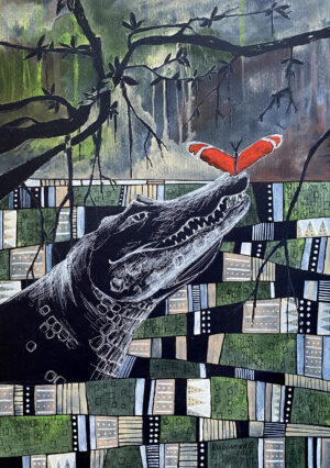 Crocodile painting Alligator watercolor art on black paper by Rubinova