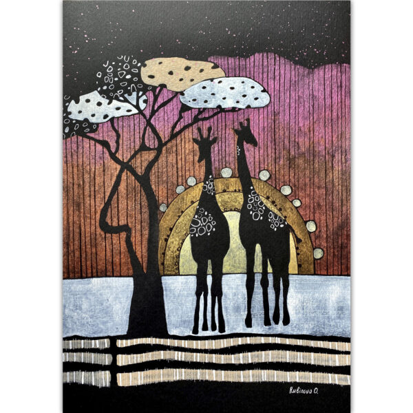Giraffe painting Animal Original art White line drawing African landscape wall art Black paper artwork by Rubinova
