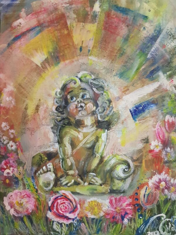 Oil painting on canvas with an angel. Canvas on a stretcher. Oil+fluorescent acrylic.It glows with an ultraviolet lamp. 2017 is the year of writing the work. A picture is dedicated to all those waiting for a child, and God help all those who are in a position or only on the eve of waiting for such a wonderful event. The charming work is written in a state of expectation of a small miracle-my nephew. .And the painting of the painting connected with him in a strange way. My sister did not have children for a long time, although there were diligent attempts. And so I started writing the work in the winter of 2015, then I started it again in the summer of the same year, having abandoned it again, I finished it only in the summer of 2017. Some invisible force prompted me to take the unfinished canvas again and start improvising .Stroke by stroke and smooth movements with a palette knife, applying bright rainbow colors to the canvas. I would like to ask you to note in addition to the oil in the picture there are fluorescent acrylic paints that glow in the dark with ultraviolet light. The palette is also enriched with gold paint.