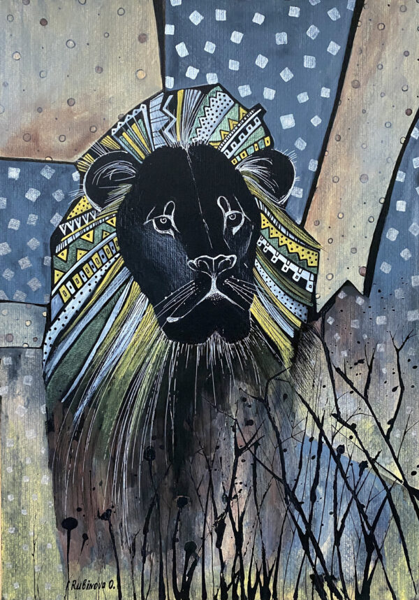 Lion painting Original art Ethnic wall art African artwork Black paper