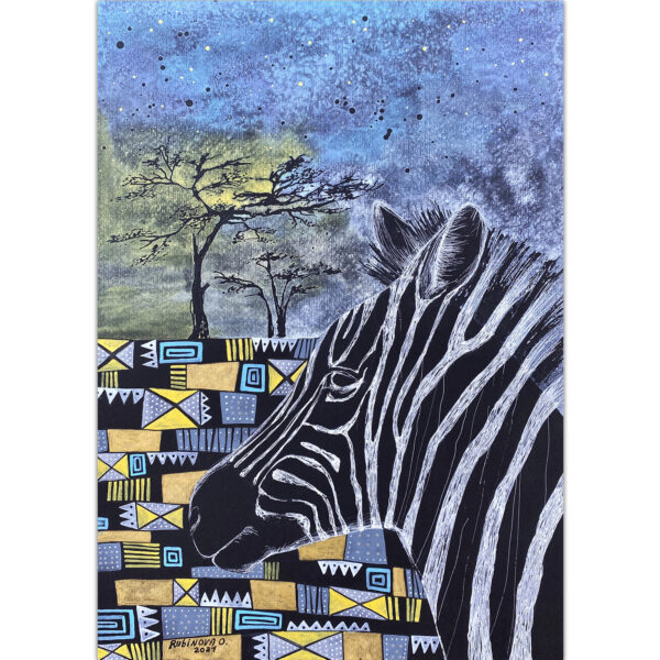 Zebra painting African art Original watercolor Animal wall decor Black paper art